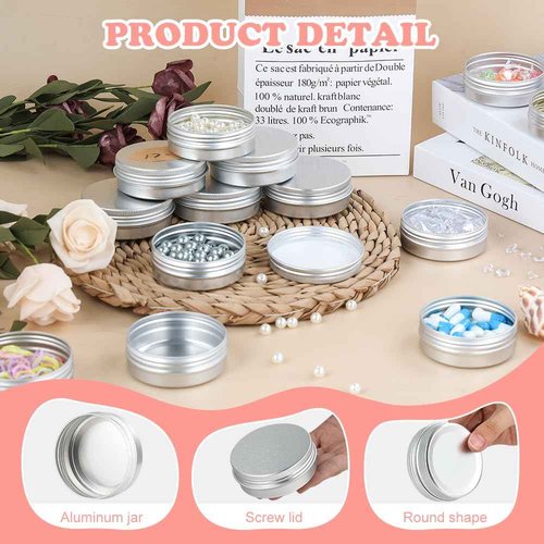 YQ 60 Pack 2oz Tins with Lids, Refillable Salve Tins, Thick 2 oz Tin with Labels, Screw Lid 2oz Tin, Aluminum Round Salve Containers, for Lotions, Balms, Salve, Candle(Silver)