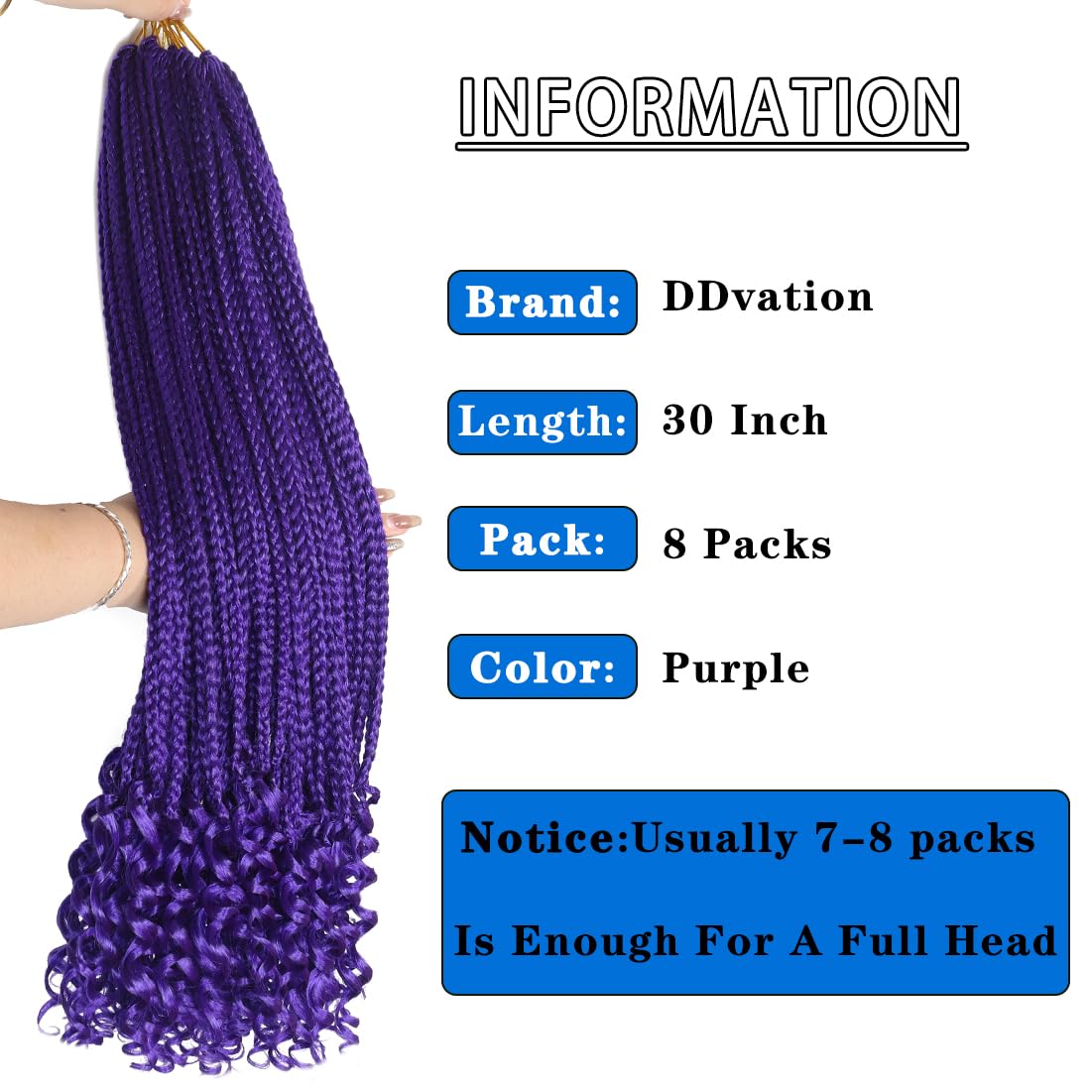 8 Packs 30 Inch Crochet Box Braids Hair with Curly Ends Pre looped Goddess Box Braids Crochet Hair Box Braids Braiding Hair Crochet Braids Hair for Women(30 inch,Purple)