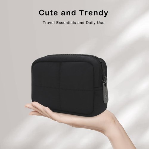 JINSI Small Makeup Bag for Purse, Quilted Travel Cosmetic Bag, Zipper Cosmetic Pouch Organizer Toiletry Bag, Make Up Bags for Women Girls, Black