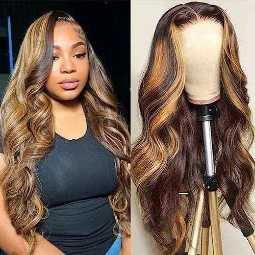 4/27 Highlight HD Lace Front Wigs Human Hair Pre Plucked 13x4 Body Wave Frontal Wig with Baby Hair 180% Density Ombre Brown and Honey Blonde Human Hair Wigs for Black Women 22 Inch