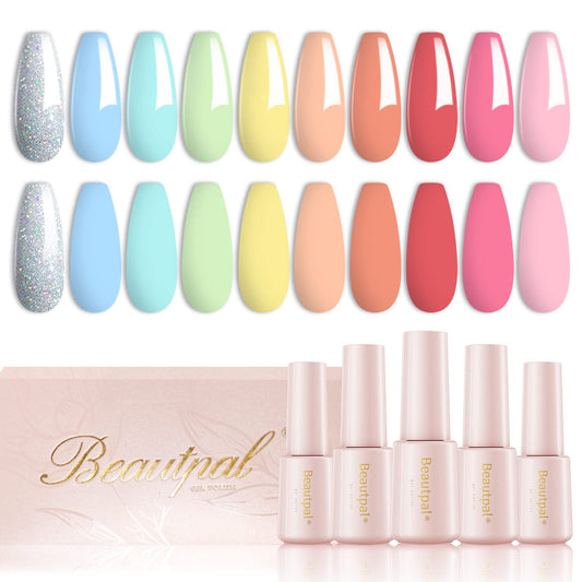 Beautpal Pastel Gel Nail Polish Set Easter Decoration Soft Macaron Spring Summer Nail Gel 10pcs Sweet Candy Colors Pink Yellow Blue Orange Silver Glitter Soak Off Nail Gel DIY Manicure Set For Women