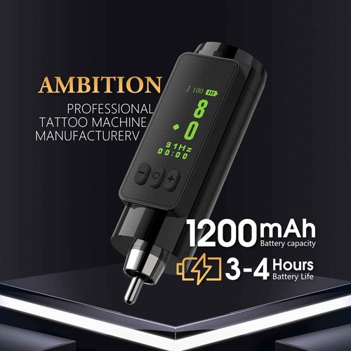 Tattoo Power Supply - Ambition Mini Wireless Portable RCA Tattoo 1200mAh Battery Pack with LED Digital Display for Rotary Tattoo Machine