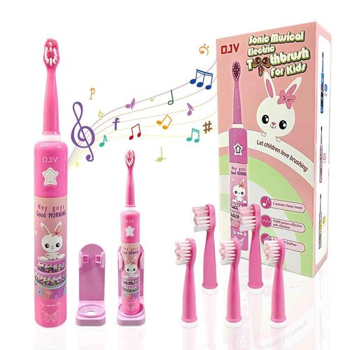 OJV 8620 Musical Electric Toothbrushes for Kids Children, 3 Modes 2 Min Timer, 6 Bristles Rechargeable Power Smart Sonic Music Play Song Toothbrush for Girls Age 3-14 with Wall Mounted Holder (Pink)