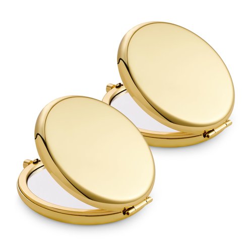 QUSTGO Compact Mirror, Pocket Travel Makeup Mirror for Purse, Metal Round Shell, 2-Sided 1X/2X Magnifying, Portable, Folding, Handheld, Gold, 2 Pack