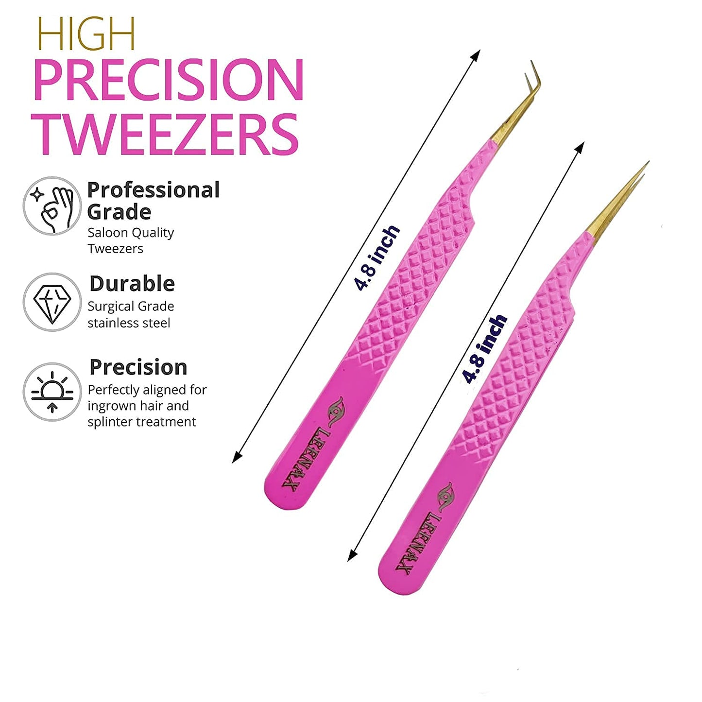 LEENAX 2 Pcs Pink Stainless Steel Tweezers for Eyelash Extensions, Eyelash Extension Tweezers Set, Volume Tweezers, Lash Extension Precision Tweezers, Extension tweezers.