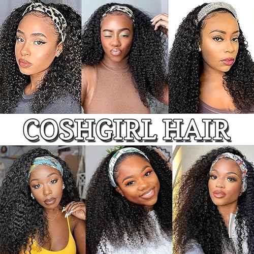 Kinky Curly Headband Wigs Curly Headband Wig Human Hair for Black Women 150% Density Headband Wig Human Hair Glueless None Lace Front Wigs Headband Half Wigs Natural Color 20Inch