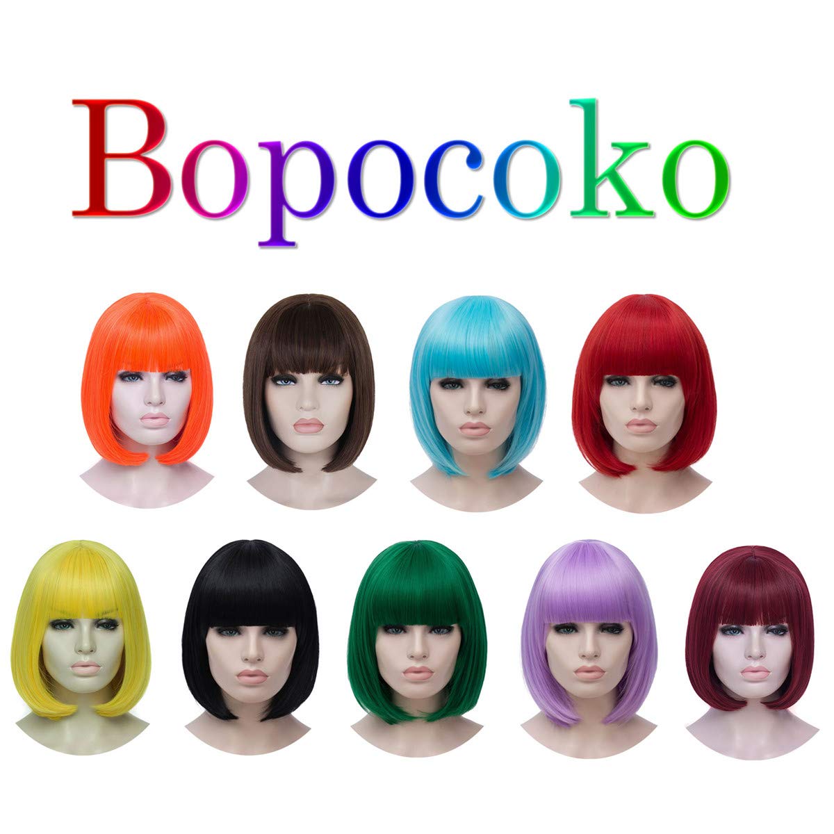 Bopocoko Black Bob Wigs for Women, 12'' Short Black Hair Wig with Bangs, Natural Fashion Synthetic Wig, Cute Colored Wigs for Daily Party Halloween BU027BK