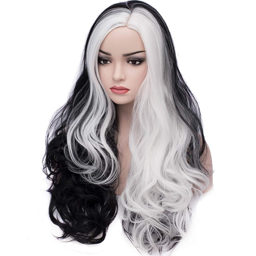 BERON 27 Inches Black White Wig Two Tone Wig Long Curly Wig Women Girls Charming Full Wig Long Wavy Wig Black White Split Wig for Cosplay Party Wig Cap Included