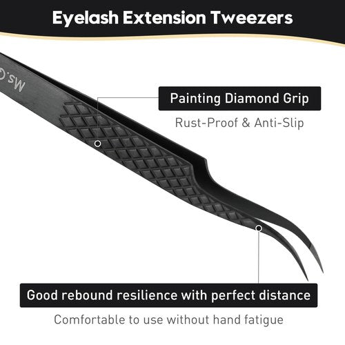 Ms.Queen Lash Tweezers for Eyelash Extensions,Set of 5,Fiber Tip Curved 45 90 Degree and L-Shape Boot Lash Tweezers for Mega Volume & Classic Lashes,Black