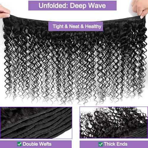 12A Brazilian Deep Wave Human Hair 3 Bundles 10 12 14 Inch 100% Unprocessed Brazilian Virgin Human Hair Weave Bundles Curly Wave Hair Extensions Natural Color