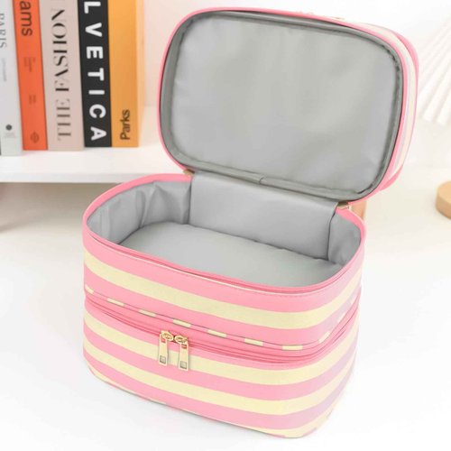 Apxouans Three Layer Makeup Bag for Women Fashion Stripes Cosmetic Bag Preppy Style Travel Water-Resistant Toiletry Bag for Storage Toiletries Cosmetics Sets for Women Teen Girls Pink