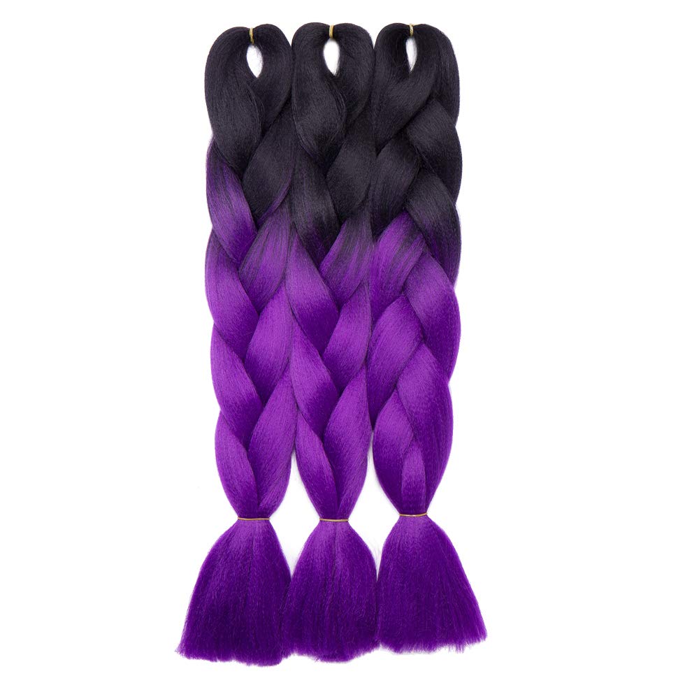 24 Inch Ombre Jumbo Braiding Hair Extensions Jumbo Braid Hair Ombre Long Jumbo Braids For Box Twist Braid Crochet Hair High Temperature Fiber 3 Tone Colored (5 Bundles, Black to Dark Purple)