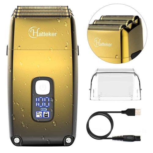 Hatteker Foil Head Shaver Triple Blades Electric Shaver Razor for Men Close Bald Head Barber Trimmer Waterproof Wet & Dry, Cordless, Gold