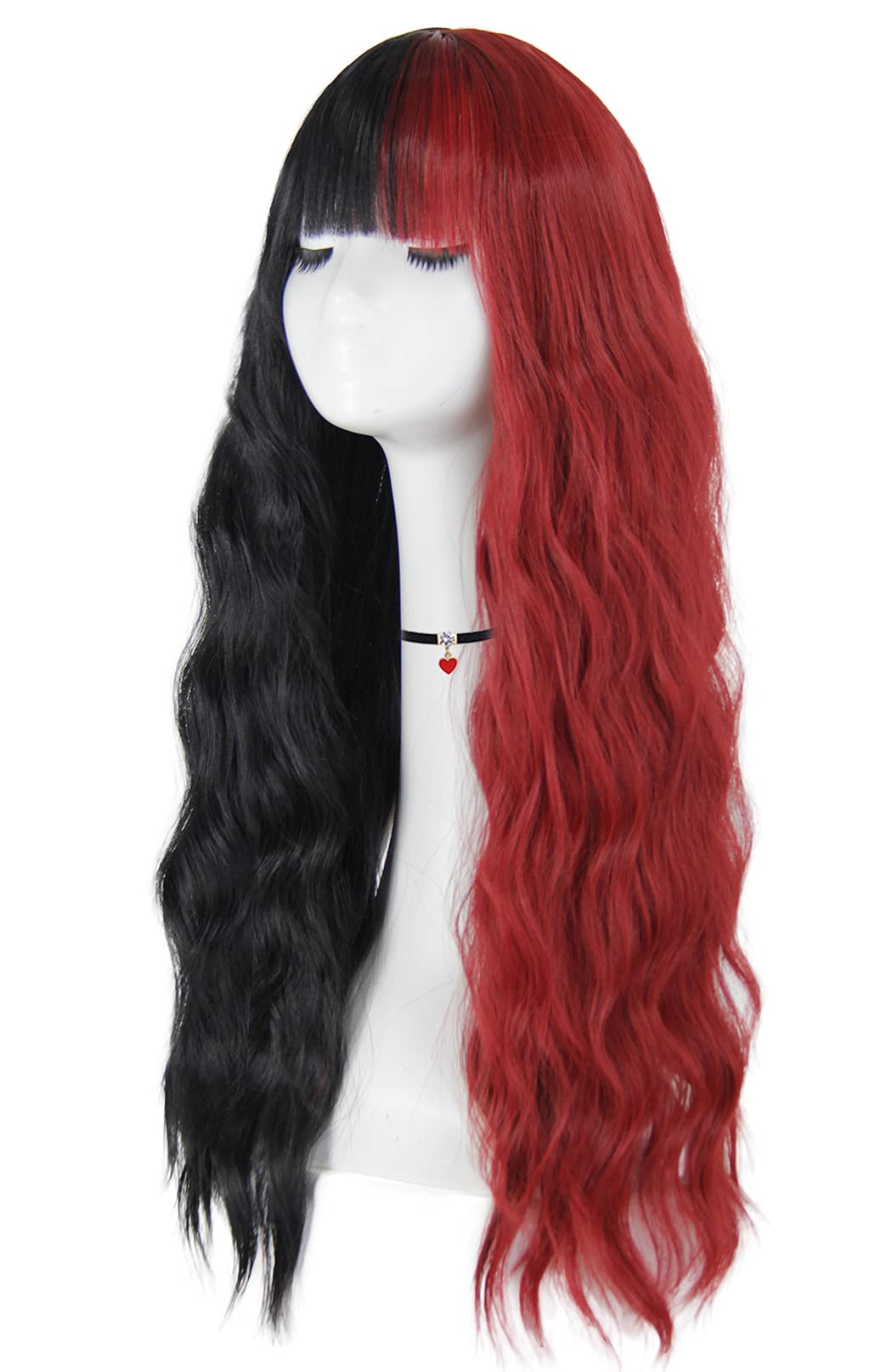 Mildiso Red and Black Wigs for Women 26’’ Long Curly Wavy Hair Wig with Bangs Natural Cute Synthetic Wig with Wig Cap for Party Halloween M062BKR