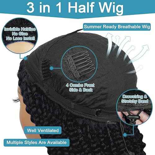Kinky Curly Half Wig Human Hair 200% Density 3 In 1 Seamless Flip Over Half Wigs Human Hair Glueless Wear and Go Beginner Friendly Kinky Curly Wig Human Hair Drawstring Headband Wig for Women 18 Inch