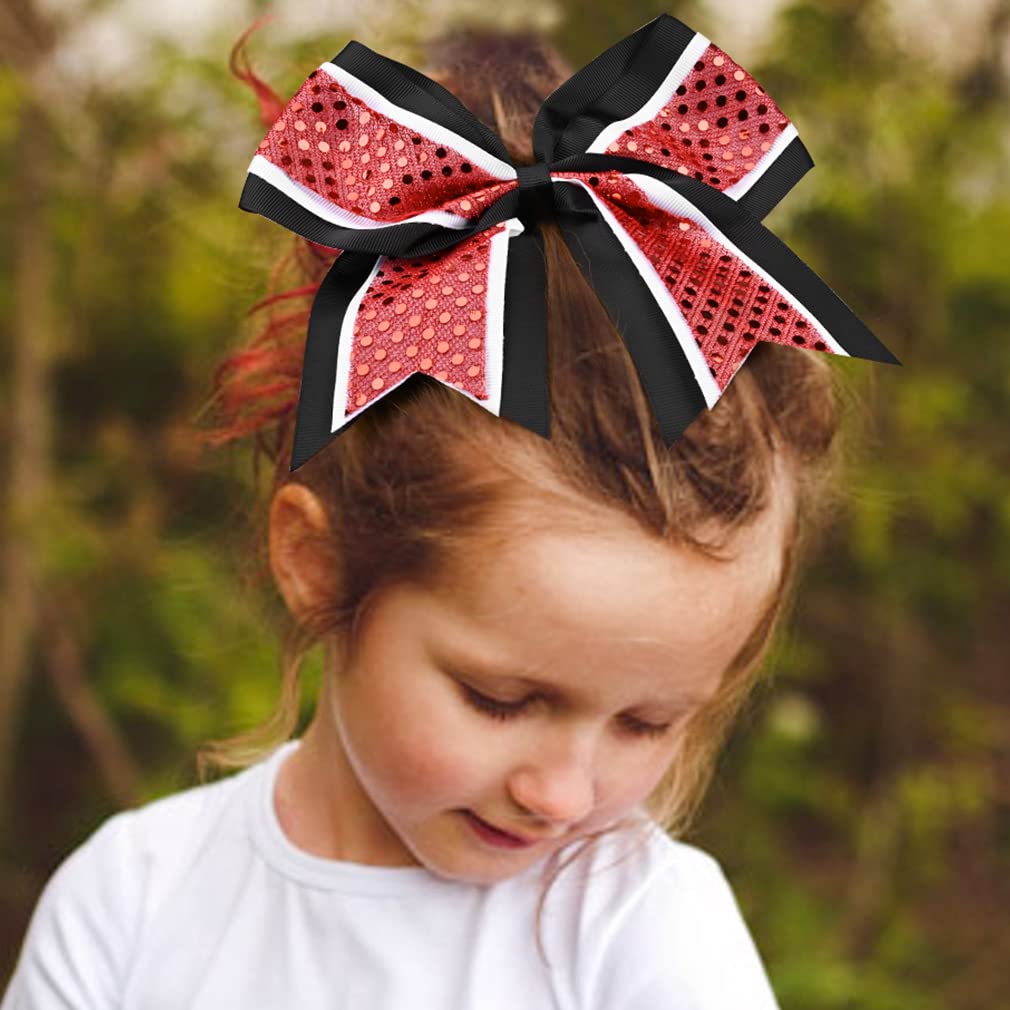 12 PCS 8" Large Glitter Cheer Bows Red Black Girl Hair Bows Sparkly Cheerleading Softball Team Bow Hair Accessories for cheerleaders football Competition Sports