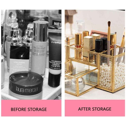 YUEHUA Makeup Brush Holder Organizer,Clear Glass Nail Polish Lipsticks Cosmetic Organizer for Vanity Bathroom Bedroom Office