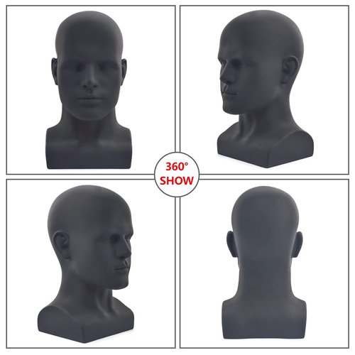 FLWAI PVC Matte Black Male Mannequin Head Display Head Stand Wig Display Head Model Men Manikin Head Dolls for Display Headset, Headphone, Game Console, Hats, Wigs Jewellery (Matte Black)