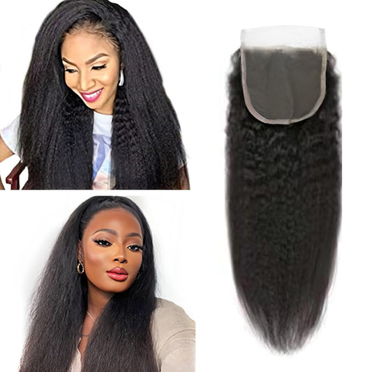 Selina Lace Closure Kinky Straight 4x4 Lace Closure Hd Lace Closure Kinky Straight Human Hair Free Part Lace Closure Hair Natural Color Black(20inch Kinky Straight, 4x4)