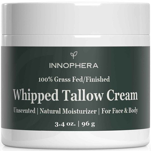 Innophera Whipped Beef Tallow Cream for Skin Care ‒ Grass Fed & Grass Finished ‒ 100% Natural Moisturizer for Sensitive Skin ‒ Handmade Face & Body Lotion ‒ Unscented & Odorless ‒ 3.4 oz.