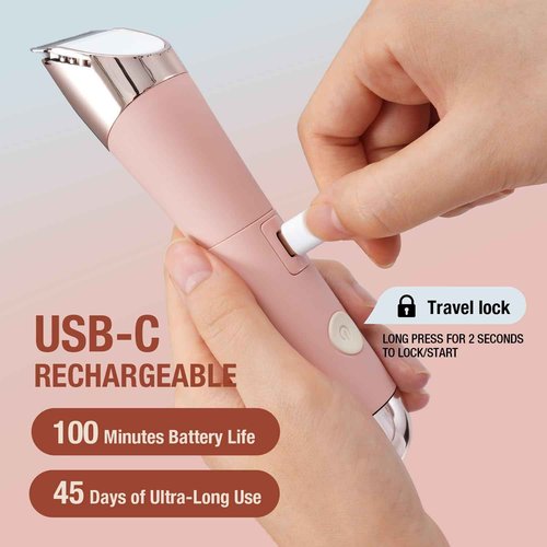 SUPRENT Bikini Trimmer Women- Painless Ladies Hair Removal Waterproof Wet & Dry- 2 in 1 Lady Shaver for Pubic Hair & Facial Hair- Cordless Electric Razors with USB-C Rechargeable-Pink