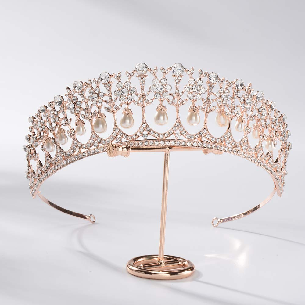 S SNUOY Rose Gold Crowns Bridal Tiara for Wedding Women Pearl Crown for Women Princess Prom Wedding Headband for Women