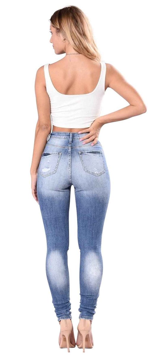 Women's High Waisted Distressed Stretch Jeans - Ripped Butt Lift Denim Pants, Light Blue, Size 2