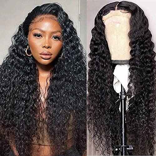 QinMei 13x4 Deep Wave Human Hair Lace Front Wigs for Black Women Brazilian Virgin Human Hair Deep Curly Lace Front Wigs with Baby Hair Pre Plucked Bleached Knots Natural Color 180% Density 20 Inch