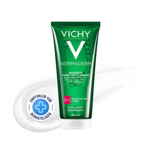 VICHY Normaderm Daily Acne Face Wash, 0.5% Salicylic Acid Cleanser, Gel Cleanser For Oily Skin, Removes Excess Oil, Dirt & Clogged Pores, Oil Free Acne Wash, Soap & Sulfate Free, Non-Drying