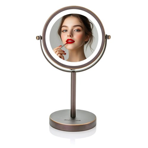 OVENTE 6" Lighted Makeup Mirror with 1X/7X Magnification, Cordless Tabletop Mount Vanity Round Mirror with 360° Swivel Design and Double Sided Cool Tone LED Ring Light, Antique Bronze MLT60ABZ1X7X