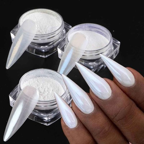 GZMAYUEN White Pearl Chrome Nail Powder, Mirror Effect Pearlescent Chrome Pigment Powder for Nails, Ice Aurora Nail Powder 3Pcs
