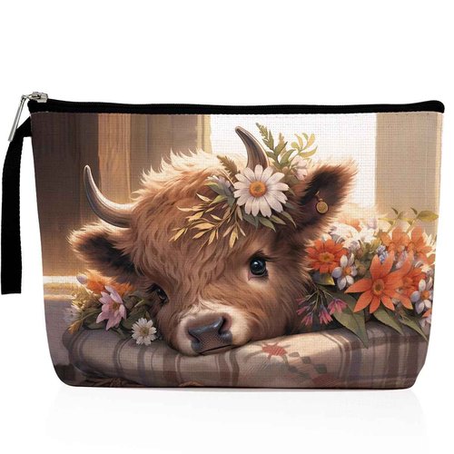 Highland Cow Floral Makeup Bag, Country Stuff Highland Cow Gifts for Women Country Girls Cowgirl Gift Cute Cosmetic Bags Zipper Pouch Western Stuff Floral Travel Bag Graduation Birthday Gifts