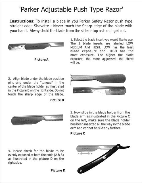 Parker PTABK Adjustable Stainless-Steel Barber Razor | 3 Blade Exposures (Low/Medium/High) | Straight Shavette with 5 Premium Platinum Refills | Black Stainless Steel Handle