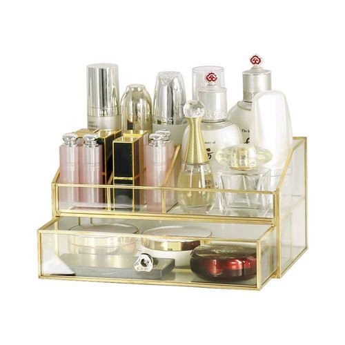 YUEHUA Glass Makeup Organizer, Clear Makeup Brush Organizer Jewelry Display Box, Gold Makeup Nail Polish Lipsticks Eyeliners Holder Organizer for Vanity Bathroom Office