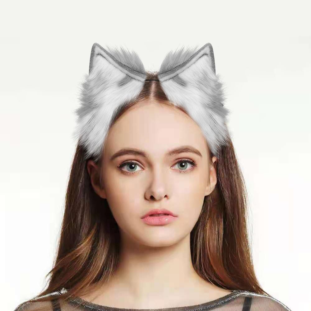 GaliaFaya Cat Wolf Fox Dog Ears Headband Handmade Long Faux fur Cosplay Halloween Costume Party (Grey and White)