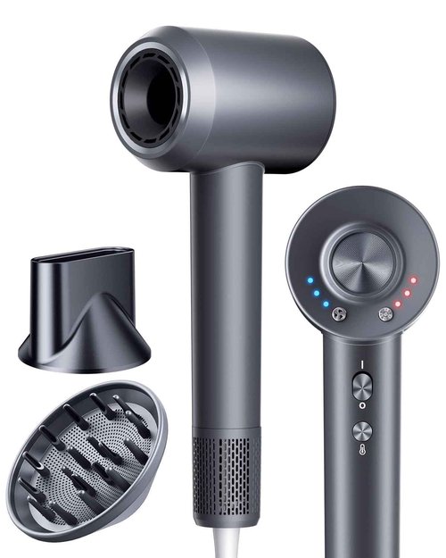 KVINEEN Hair Dryer,160000 RPM High-Speed Brushless Motor Negative Ionic Salon Blow Dryer for Fast Drying, Low-Noise Design & Advanced Heat Control to Prevent Heat Damage, Frosted Gray