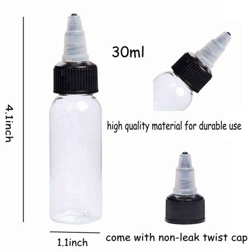 DOWEI 30ML Ink Bottle, 30pcs 1oz Twist Cap PET Plastic Clear Transparent Pigment Container Accessories Twist Squeeze Bottles for Lotion, Shampoo,Ink(30ML 30PCS)