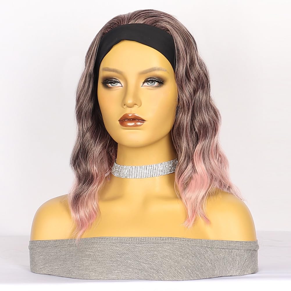 Gusif Short Wavy Bob Headband Wig Ombre Pink Headband Wigs for Black Women Natural Hairline Bob Wig Glueless Shoulder Length Synthetic Wig (Ombre Pink)