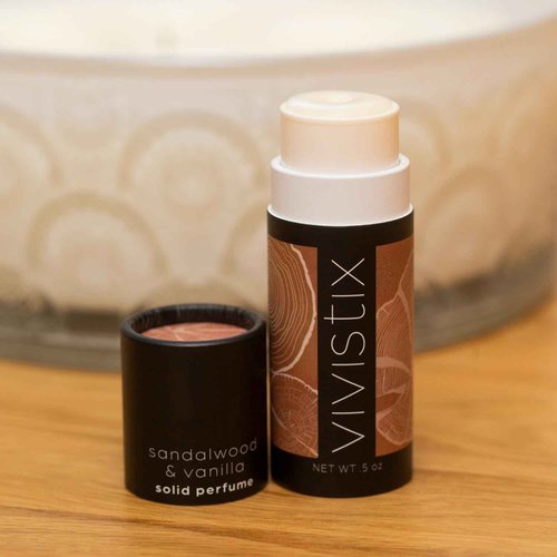 Vivistix Solid Perfume Stick | Sandalwood + Vanilla scent | Portable, clean, warm, woodsy, vanilla, gourmand, calming, travel perfume | Made in the USA | No parabens, phthalates, or preservatives