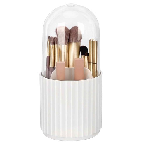 JessLab Makeup Brush Holder Organizer with Lid, 360 Degree Rotatable Makeup Brush Organizer Spinning Cosmetics Holders Brush Storage Box Display for Bathroom Vanity Countertop, White