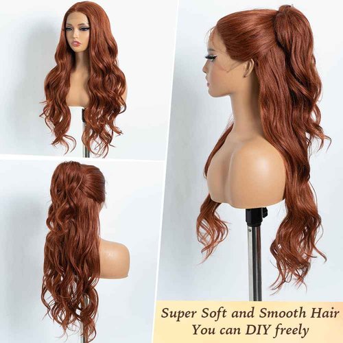 Rebecca Q Long Wavy Synthetic Lace Front Wig for Women 30 inches Middle Part Natural Hairline Heat Resistant Fiber Wigs for Daily Party (Ginger)