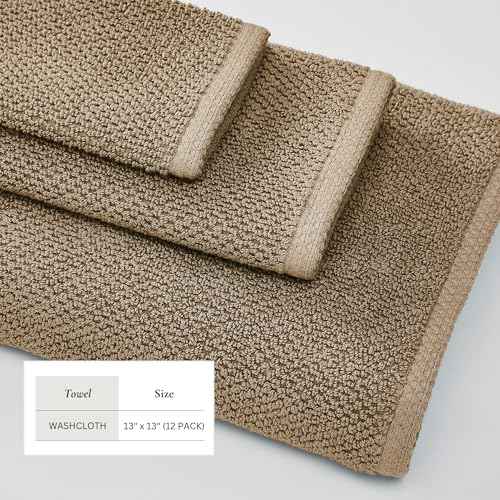 Great Bay Home Taupe Washcloth Set ? 100% Cotton 12-Pack 13"x13", Absorbent & Quick-Drying, Soft & Durable