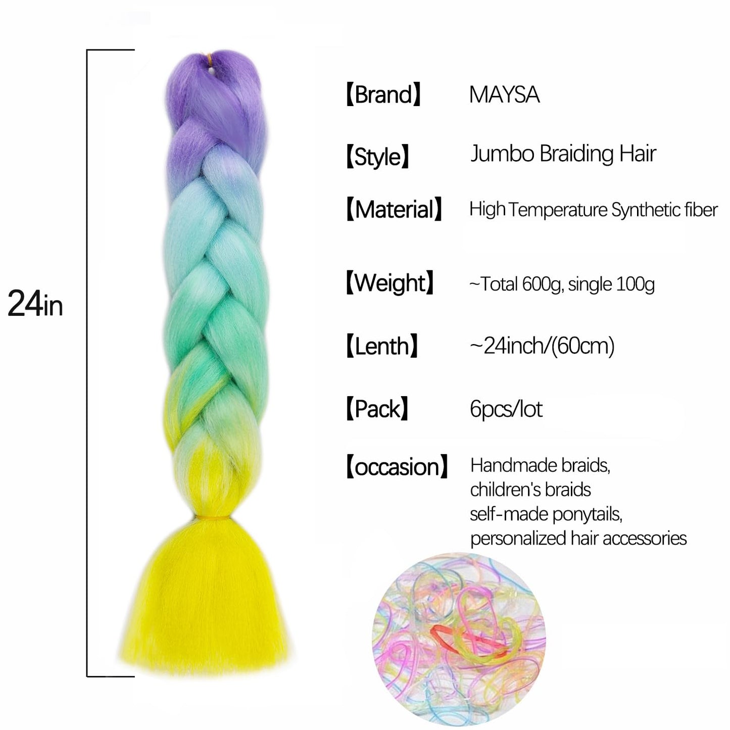 MAYSA Green Ombre Braiding hair, 24in 6Packs Pastel Rainbow Braiding Hair, Synthetic Colorful Pre stretched Braiding Hair Extensions #Purple-blue-green-yellow