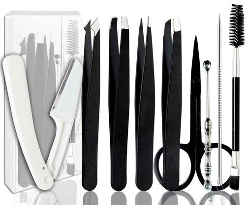 Muzioiernsu Tweezers Kit Tweezer for Women Facial Hair Removal Tweezers Professional Tweezers Set Eyebrow Tweezer, [9+1 PCS] Professional Stainless Steel Eyebrow for Women &Men,Black Beauty Sets