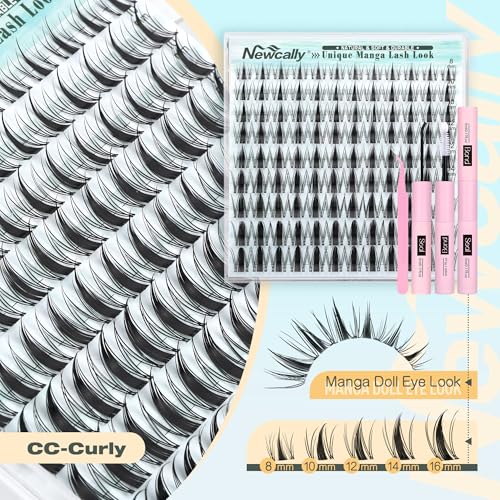 Manga Lash Clusters Kit Anime Lash Extension Kit Spiky Natural Eyelash Clusters Kit CC-curly 8-12MM Eyelash Extension Kit with Clear Lash Band Doll Eye Look by Newcally