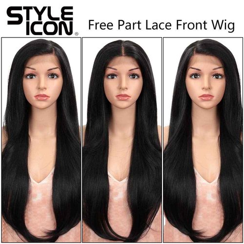 Style Icon Easy-360 Lace Wigs 28" Free Part Lace Frontal Wigs Long Straight Wig Black Synthetic Wig(28", 1B)