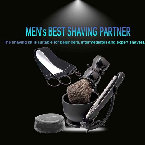 Luxury Men's Shaving Kit Gift Set, DanNuo Barber Straight Razor with Stand Shaving Brush Dual-Layer Leather Razor Strop Bowl Soap 6pcs Shaving Set for Men