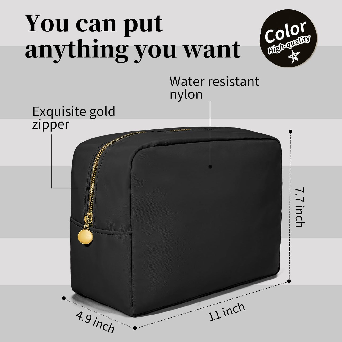 SOIDRAM Large Makeup Bag Travel Bag Pouch, Black Toiletry Bag Makeup Organizer Nylon Bag Cosmetic Preppy Bag Zipper Pouches Brides Bag