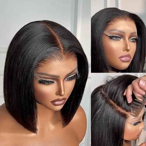 Bob Wig Human Hair 13x4 Lace Frontal Short Straight Lace Front Bob Wigs for Black Women Human Hair Pre Plucked Glueless Side Part 180% Density Black Color 10 Inch