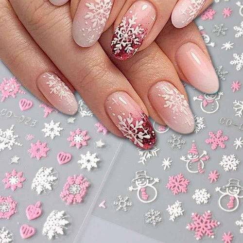 12 Sheets Christmas Nail Stickers Pink White Snowflake Nail Decals for Nail Art Christmas Snowman Reindeer Heart Nail Art Stickers 3D Self Adhesive Nail Supplies for Women Christmas Nail Decoration